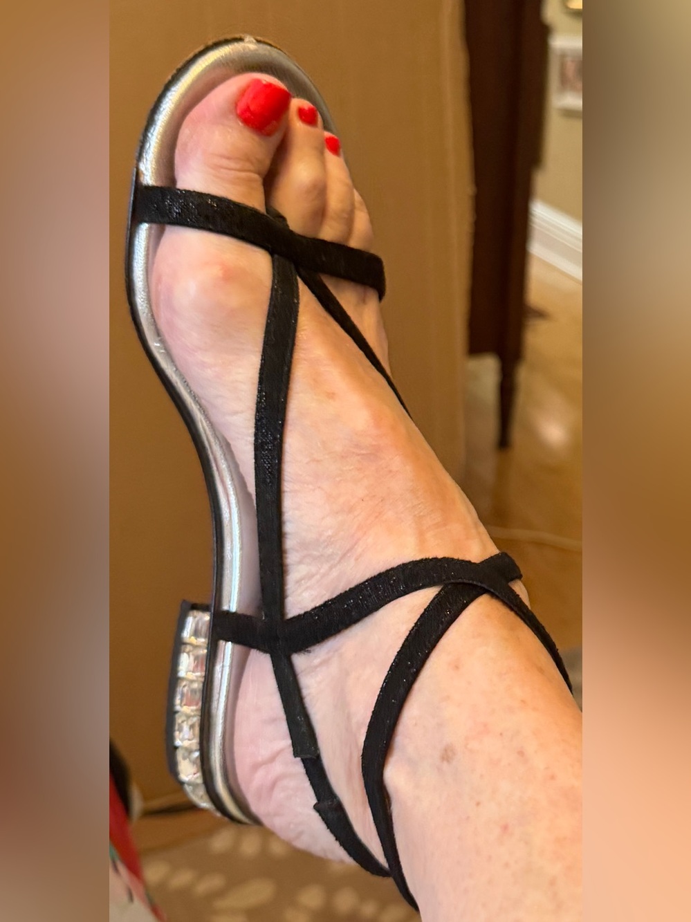 Donald J. Pliner Black Strappy Sandals with Silver Crystal Heel Accent